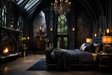 A gothic-inspired bedroom with dark walls, a four-poster bed, and candelabras