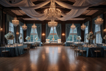 Fototapeta na wymiar A hotel ballroom with elegant drapery, crystal chandeliers, and a dance floor