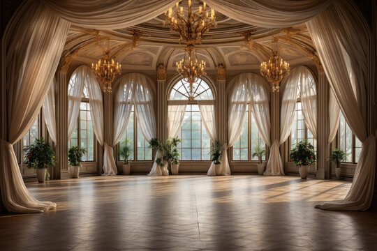 A hotel ballroom with elegant drapery, crystal chandeliers, and a dance floor