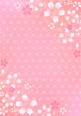 桜の和風背景　和柄　麻の葉文様　素材　桜吹雪　お花見　入学　卒業　入園　卒園　ひな祭り　ひなまつり　年賀状　新春　さくら柄　縦長