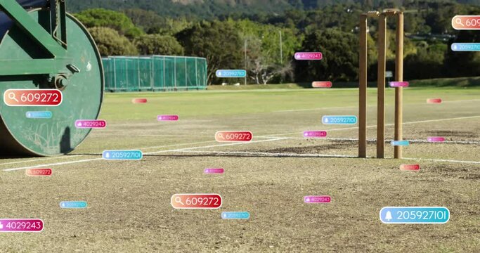 Animation of social media notifications over roller and stumps on cricket pitch