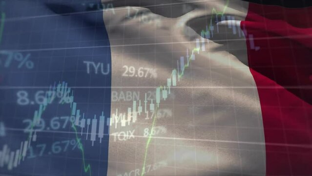 Animation of graph and financial data processing over flag of france - Powered by Adobe