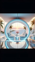 3d render of a building Minimalist Home Interior Design: Modern Living Room with Curved White Sofa view from the sea.