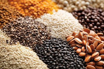 Obraz premium Various groats legumes, grains. Many types of cereals collected together. Agriculture and healthy eating concept. Close-up. Selective focus.