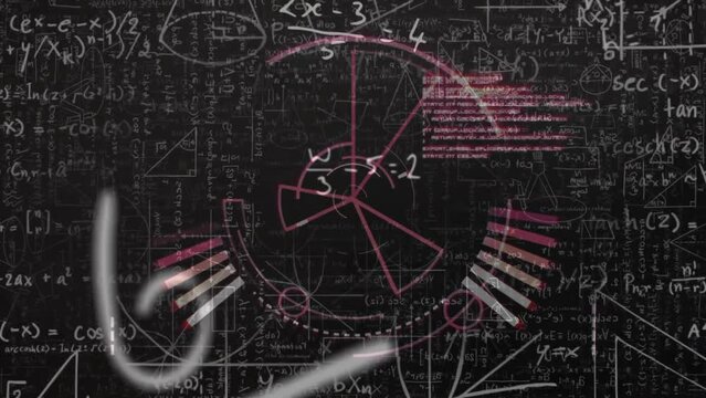 Animation of pink circular scanner and data with mathematical equations on dark background