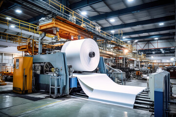 Factory for the production of paper and cardboard. Production equipment for paper production. Big machine. The machine makes paper.