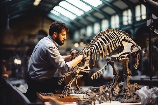 Man working with skeleton of a dinosaur in the museum of Anatomy