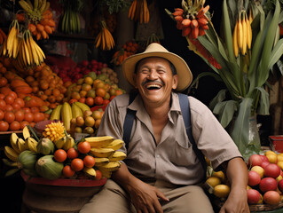 An adult Latin American, Mexican man in the fruit and vegetable shop in Latin American city. A happy, not rich man. Photorealistic. 