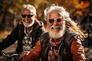 Cheerful active gay elderly couple with bicycle in park - Powered by Adobe