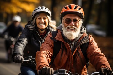 Cheerful active elderly couple with bicycle in public park together have fun lifestyle