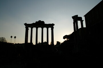 ruin of the Temple of Saturn in rome at night