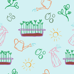 Growing microgreens hand drawn doodle seamless pattern.