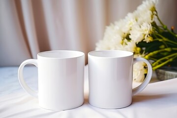 Two white coffee mugs on a table in a room with flowers decoration. Wedding or Valentine's day concept.
