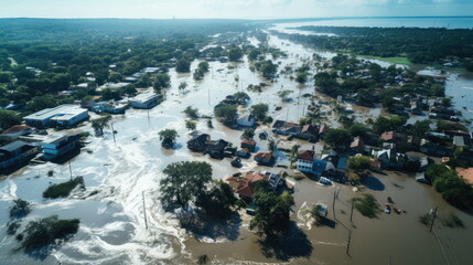 Consequences of Natural Disaster - Aerial View of Heavy Flood and High Water Surrounding Residential Houses After Hurricane Rainfall in the Area. Assessing the Impact and Environmental Damage