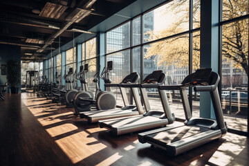 A hotel fitness center with state-of-the-art equipment, mirrored walls, and a hydration station