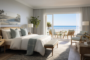 A hotel guest room with a beach theme, light colors, and a balcony overlooking the sea