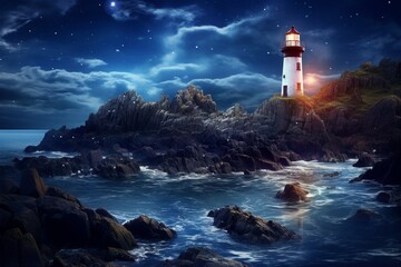 A secluded lighthouse on a rocky promontory, guiding ships through the tranquil waters under a starlit sky