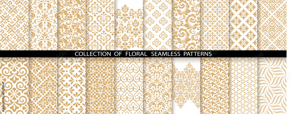 Poster Geometric floral set of seamless patterns. White and gold vector backgrounds. Damask graphic ornaments
