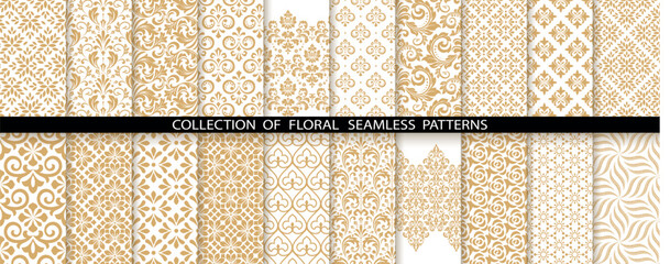 Geometric floral set of seamless patterns. White and gold vector backgrounds. Damask graphic ornaments - obrazy, fototapety, plakaty