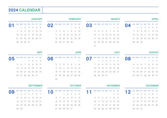 Design template with 2024 12 months calendar. Note, scheduler, diary, calendar, planner design template illustration.
