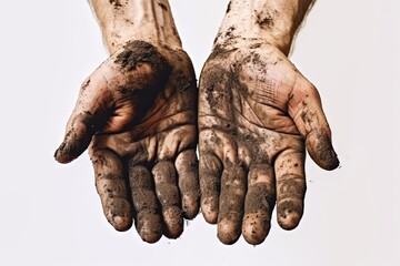 Dirty hands concept. Hands of person are prominently featured showcasing dirt mud and grime. Close up shot emphasizes rugged nature of worker hands suggesting engagement in laborious or outdoor - obrazy, fototapety, plakaty