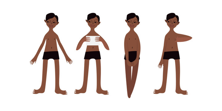 Four Latin American boys in swimsuits. Calm standing poses: thumbs up, piece of paper in hands. Brown skin tone and dark hair. Vector illustration in flat style