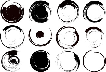 Set of Black Grunge Circle Stains, Shapes. Vector illustration. Hand Drawn Enso Zen Ink Circles Collection.