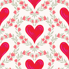 Heart and flowers forming wreath in a palette of pink,sage green on an off white background forming a seamless vector pattern.  Great for homedecor,fabric,wallpaper,giftwrap,stationery,packaging.