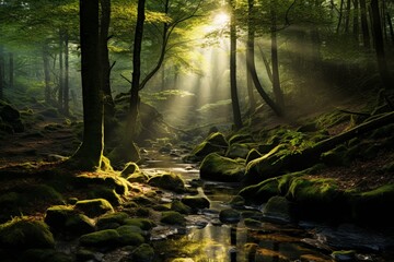 Sunlight filtering through a dense, ancient forest, illuminating a moss-covered woodland floor