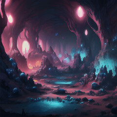 Otherworldly underground forest with giant fossilized trees and bright blue stalactites