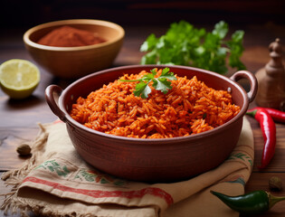 Delicious Mexican red rice with greens. Traditional food, Latin American, Mexican cuisine. Photorealistic, background with bokeh effect. 