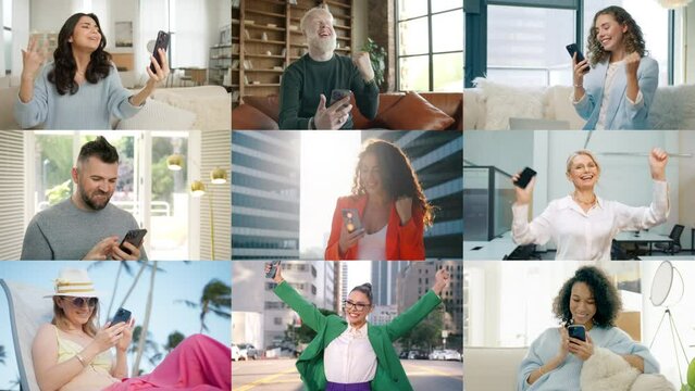 Video clips collection with happy men and women receiving great news on mobile phones. Communication internet connection concept. Collage with smiling amazed diverse people using smartphone devices