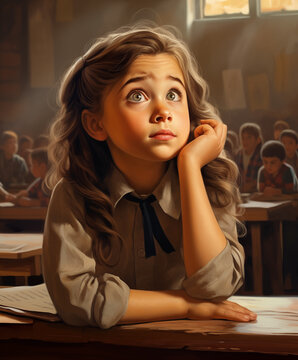 A little girl is thinking in the classroom, 2D digital painting.
