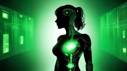Female cyborg with digital brain against green background. AI generated