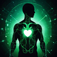 science anatomy scan of human body with heart in blue light green background. AI generated