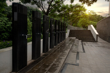 A row of water tap ablution places for Muslims