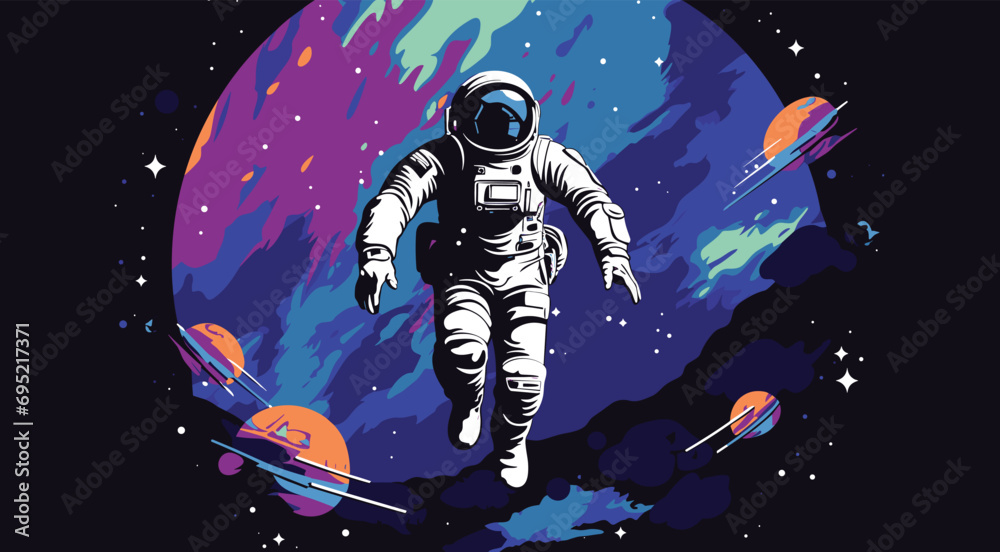 Wall mural space exploration vector vector illustration of an astronaut floating in space with the earth in the