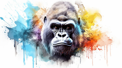 gorilla portrait of a monkey, watercolor illustration on a white background, liquid paint spots, print for design - obrazy, fototapety, plakaty