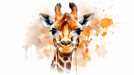 giraffe portrait, watercolor illustration on a white background, liquid paint spots, print for design - obrazy, fototapety, plakaty