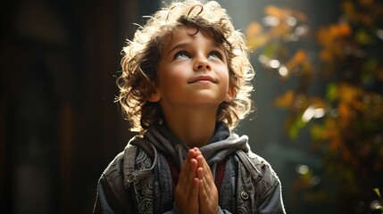 christian cute boy is praying over the sunlight show his faith  - obrazy, fototapety, plakaty