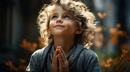 christian cute boy is praying over the sunlight show his faith 