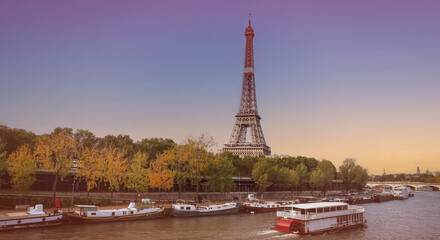 Banner of travel in Paris with Eiffel Tower iconic Paris landmark across the River Seine with ...