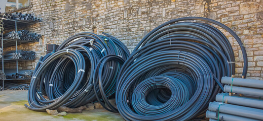 HDPE pipe for water supply. PE pipe plant, Industrial PE pipes - obrazy, fototapety, plakaty