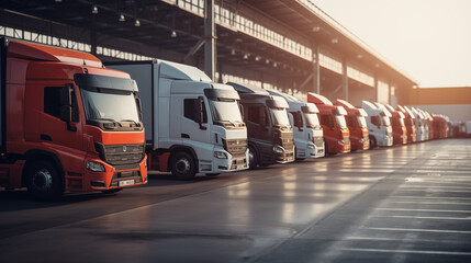 Trucks parked at the manufacturing plant of cars, ready to delivery new vehicles. - obrazy, fototapety, plakaty