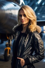 Beautiful blonde woman model in front of a jet fighter wearing a fashionable bomber or flight jacket