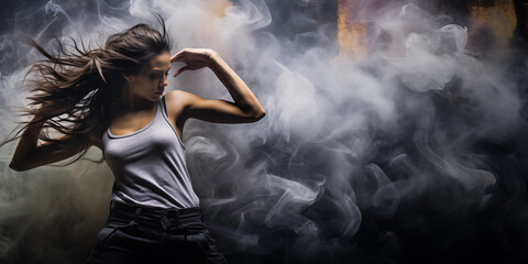 Beautiful girl dancing on a dark background in smoke.