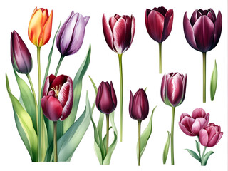 Fototapeta premium Purple and red tulips in watercolor on white background.