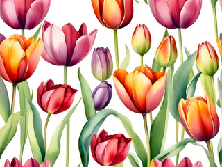 Obraz premium Purple and red tulips in watercolor on white background.
