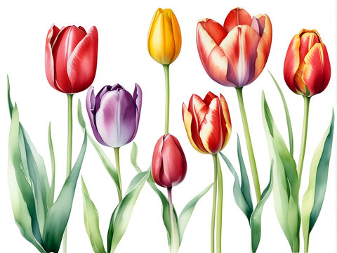 Purple and red tulips in watercolor on white background.