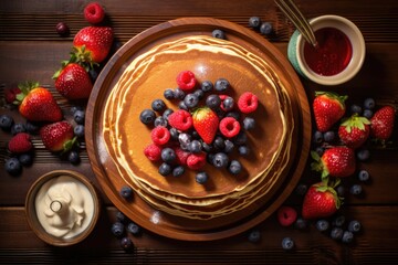 Breakfast spread with pancakes and fresh berries.